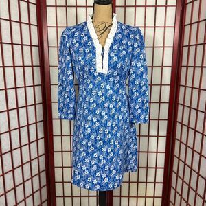 Vintage 70s Sears Blue White Floral Long Sleeve Mini Dress Flower Power Retro
